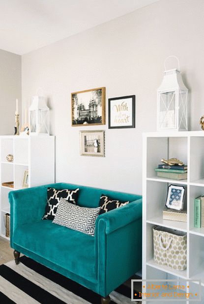 Sofa between shelves