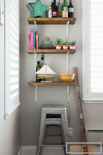 Stool under open shelves