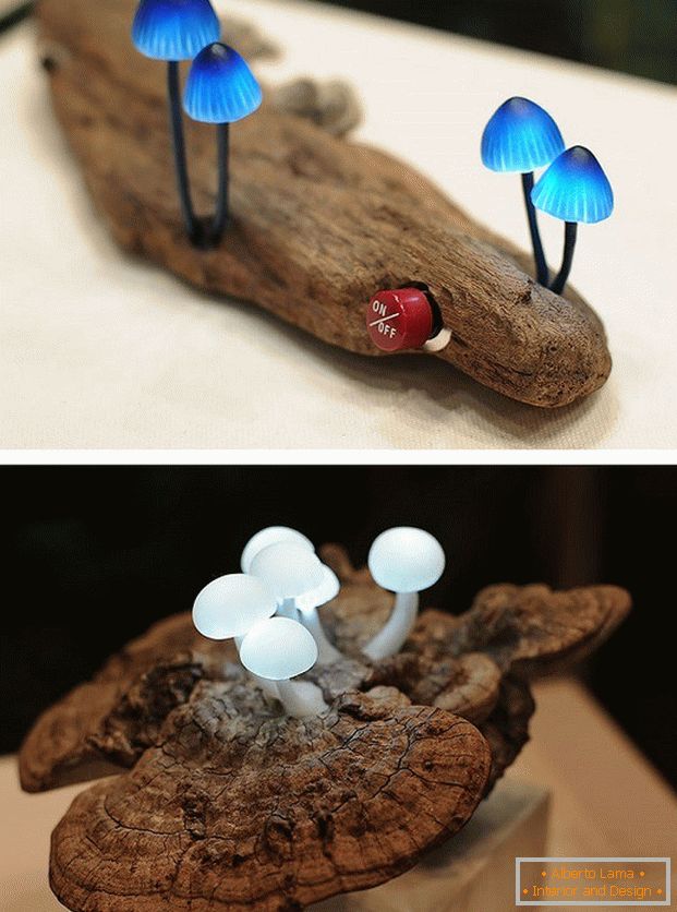 LED lamp in the form of mushrooms on a piece of wood
