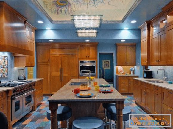 Stylish kitchen in blue and brown color