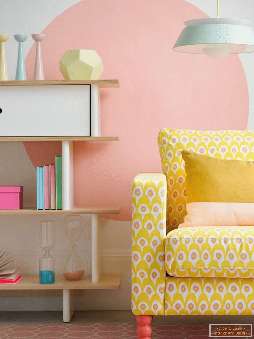 Bright yellow sofa, creates an excellent contrast in the pastel room