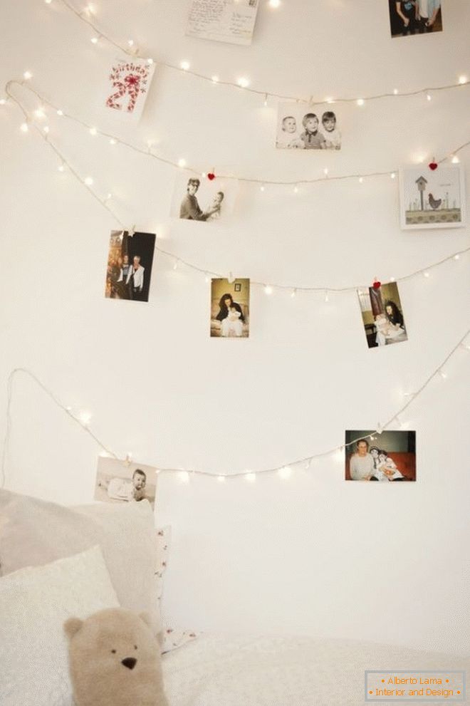 Garland of light bulbs and photo stories