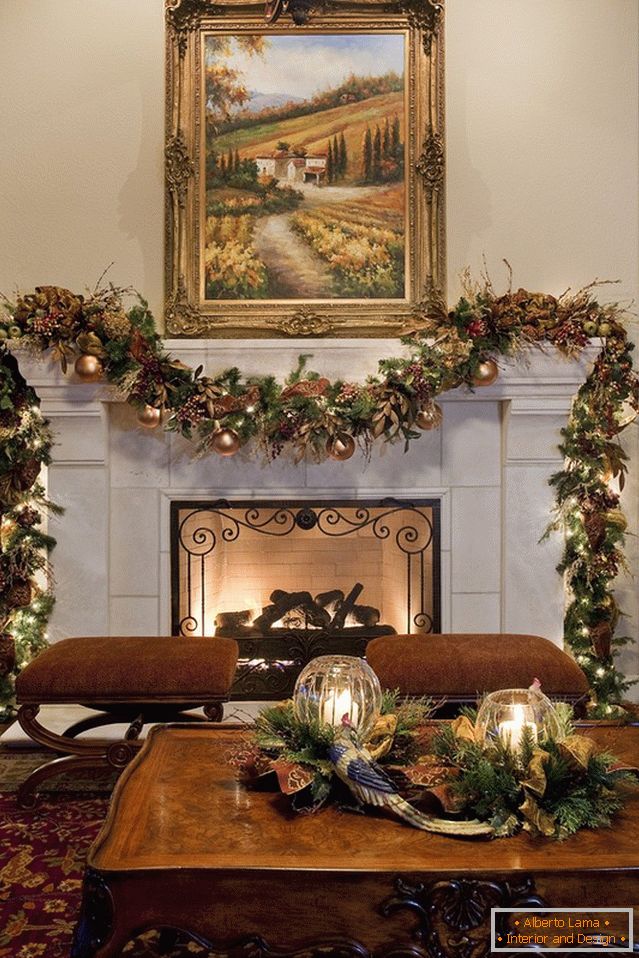 Brown-gold decoration of the living room with fireplace
