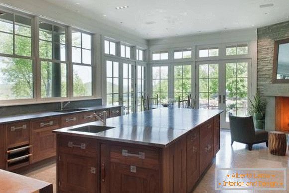 Kitchen design with large windows in the house of Bruce Willis