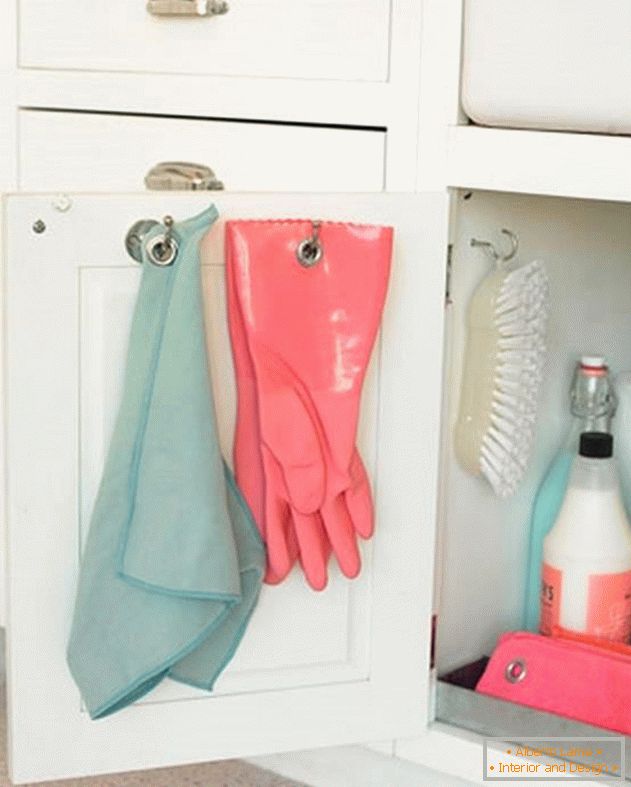 Pothold and gloves on the inside of the cabinet door