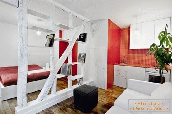 Studio apartment in red and white color
