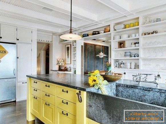 Kitchen design with high cabinets and yellow island