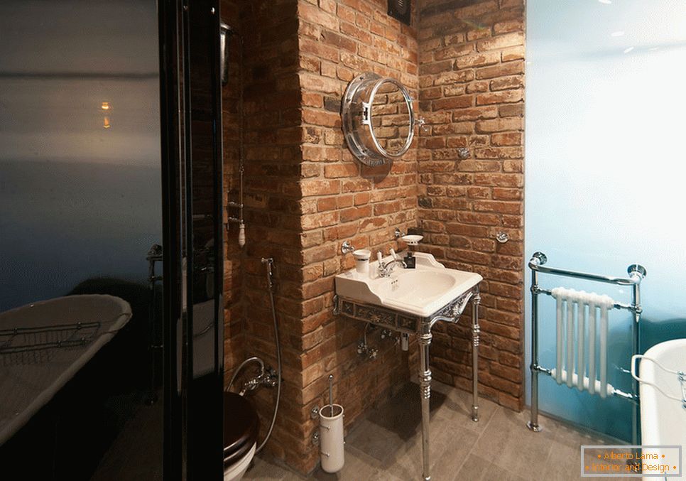 A bathroom of an apartment in a loft style