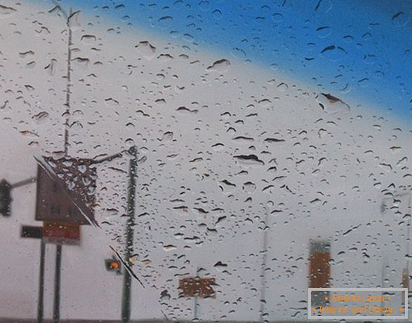 View from the car in the rain, oil painting