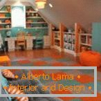 Orange and turquoise in the design of the game room