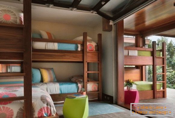 Bright two-level beds inside and outside the room