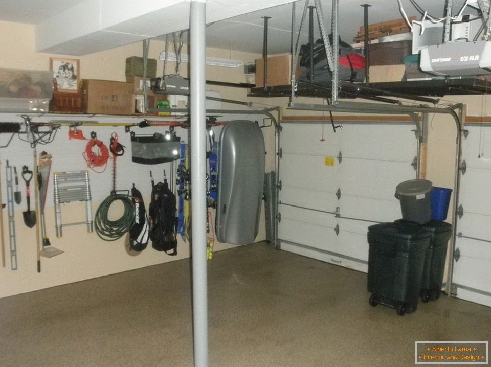 Shelves under the ceiling in the garage