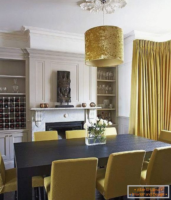 Yellow curtains and furniture in the living room dining room