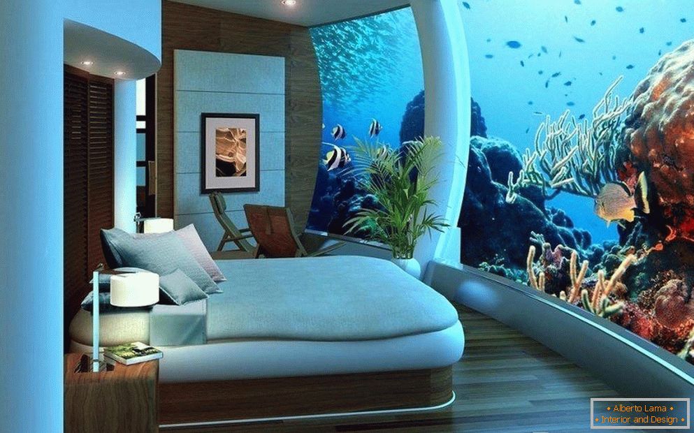 Aquarium on the whole wall in the bedroom