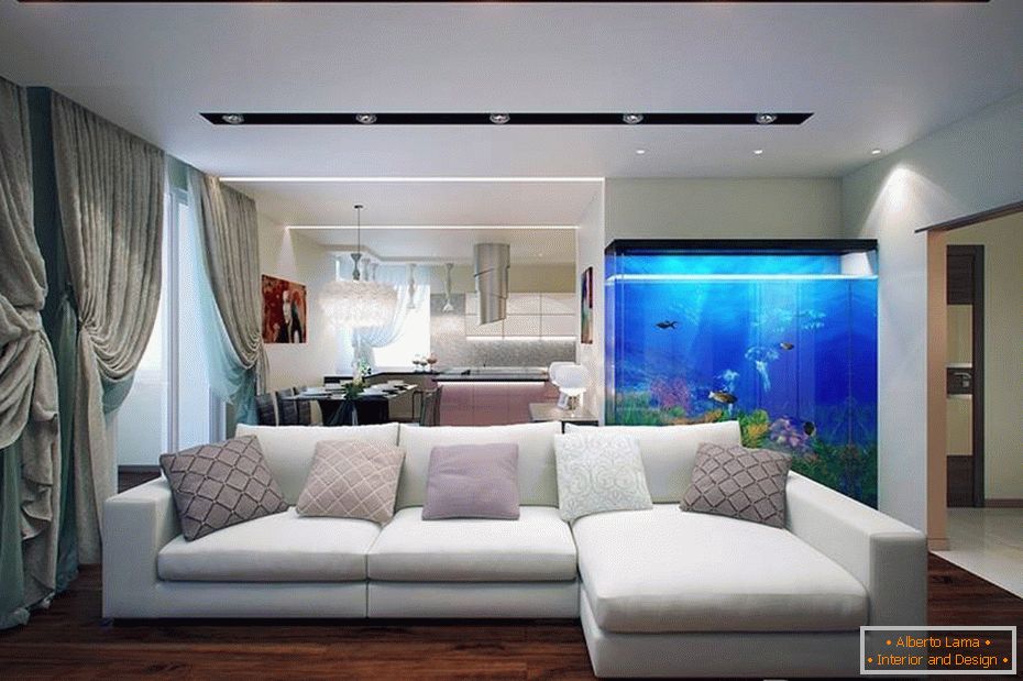 Beautiful interior of the living room with an aquarium