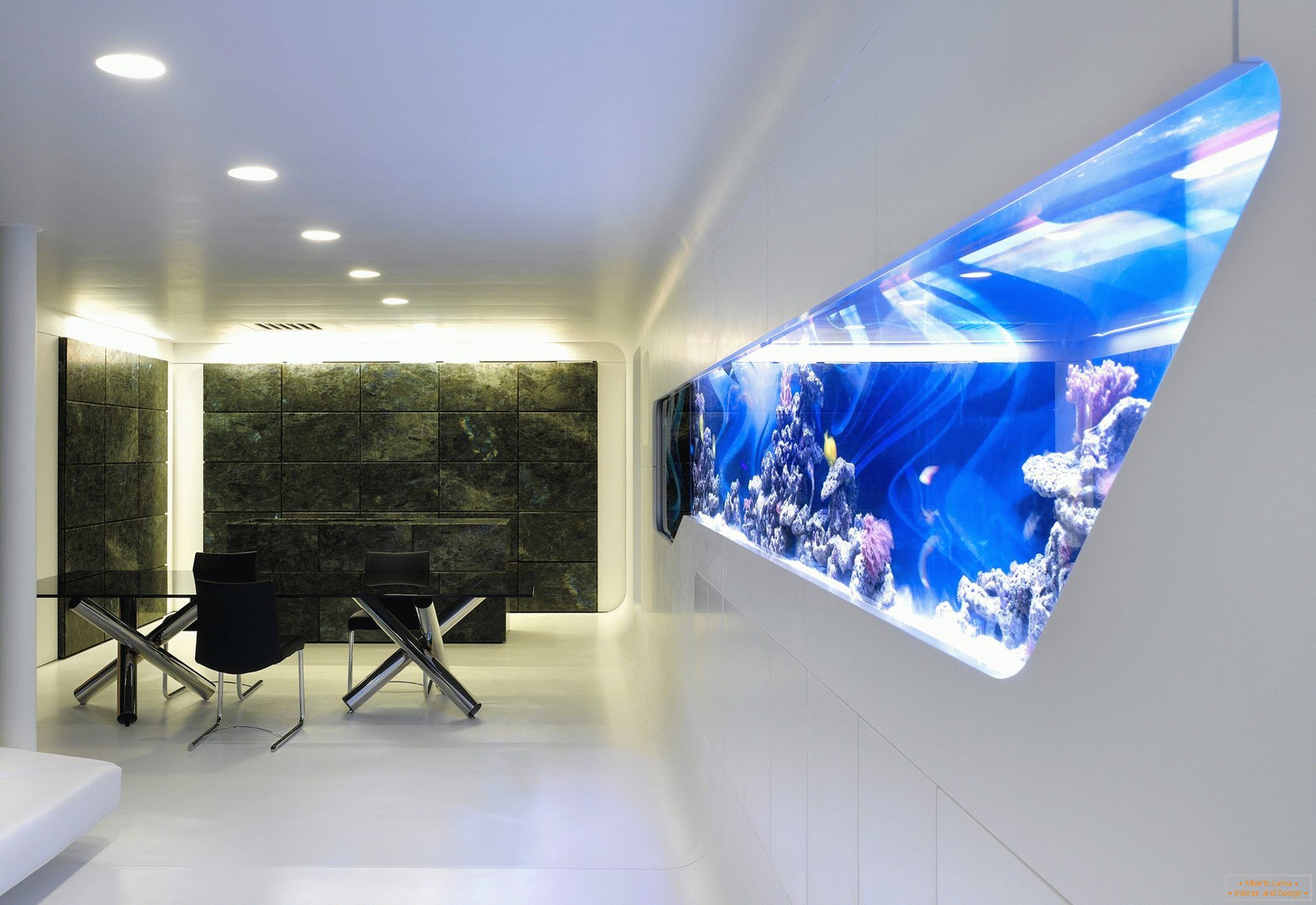 Modern interior with aquarium in the wall