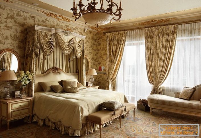 Luxury and restraint in the interior of a spacious bedroom. In decoration only natural materials. 