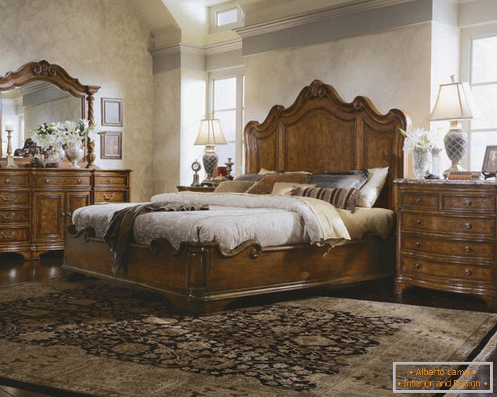 Attic bedroom option in English style. Recognizable shapes and lines of luxurious Indian furniture.