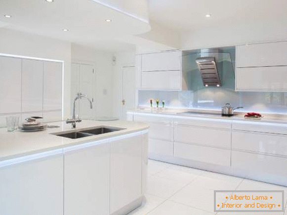 Design of white glossy kitchen - photo with LED backlight