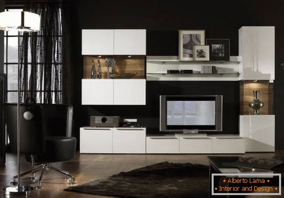 Black wallpapers for white modular furniture in the living room
