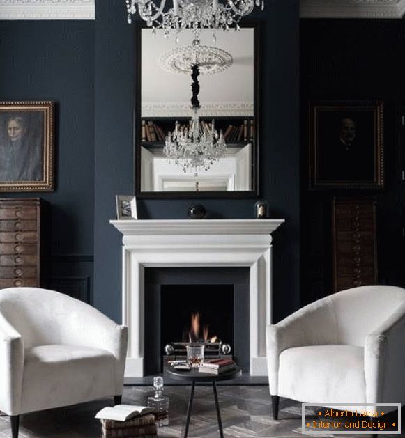 Dark color of the walls and white furniture in the living room