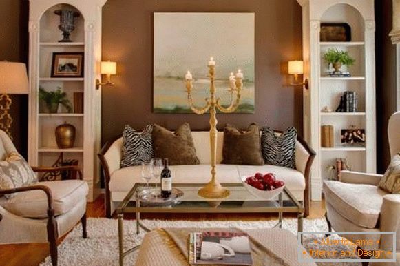 Brown walls and white living room furniture