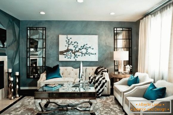 Chic design living room with white furniture - photo with blue