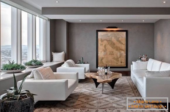 The design of the living room with white furniture - a photo with gray walls