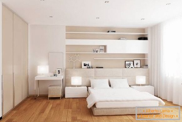 Modern design of a white bedroom with a warm floor
