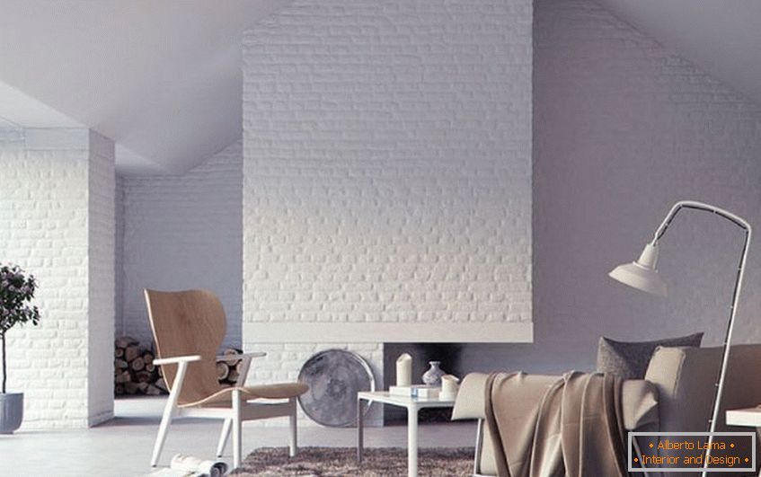 White brick tiles on the walls of the living room