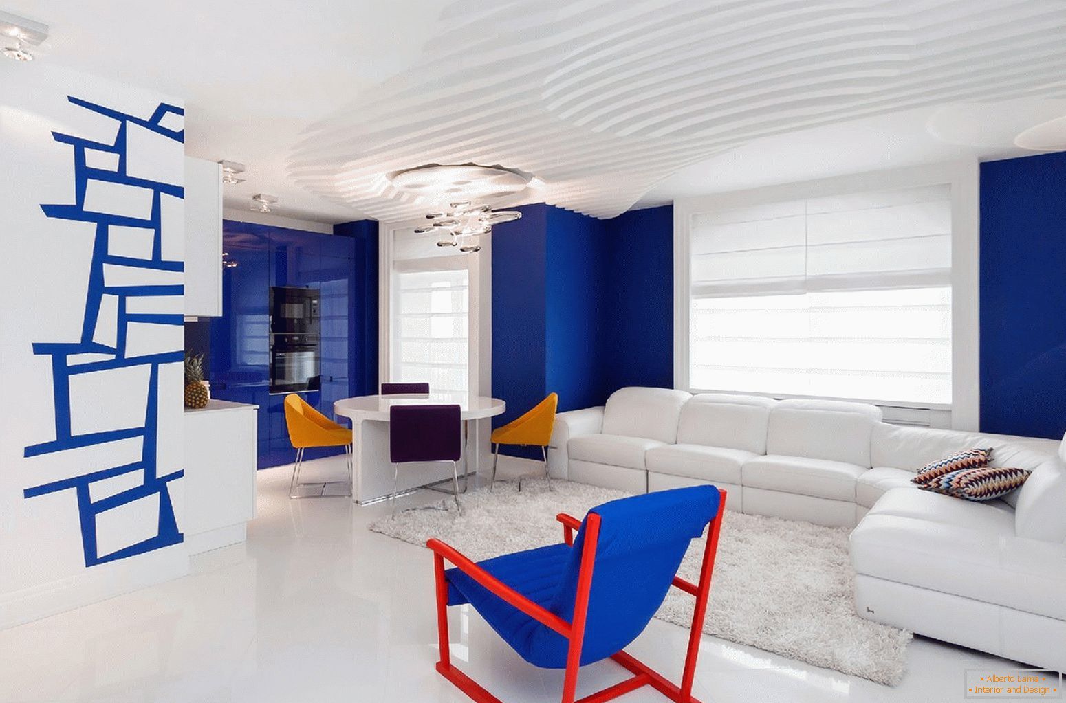 Blue-white walls in the interior