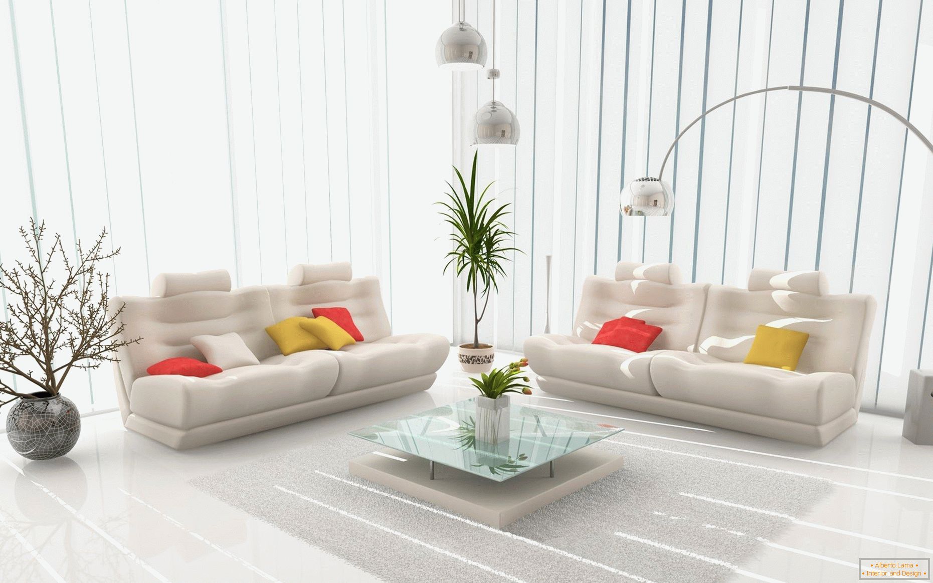 Bright cushions on the white sofas in the living room