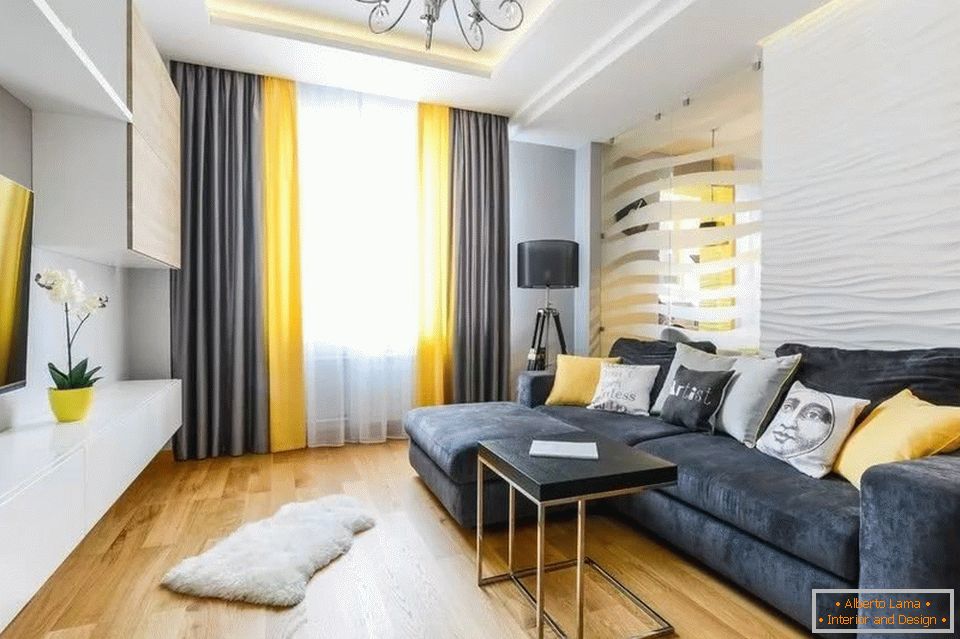 Black and yellow curtains and a sofa in a white room
