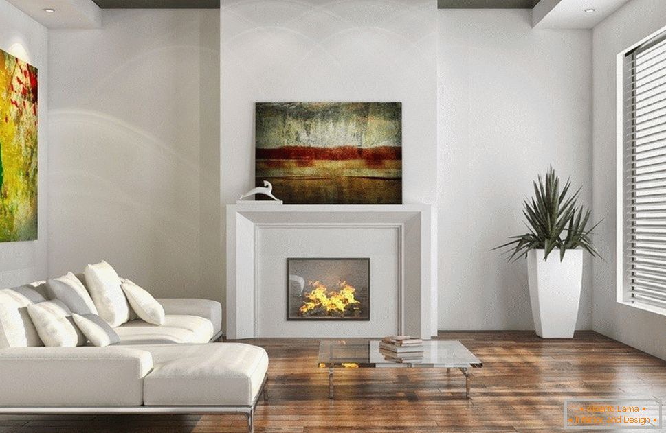 Original paintings above the fireplace and sofa
