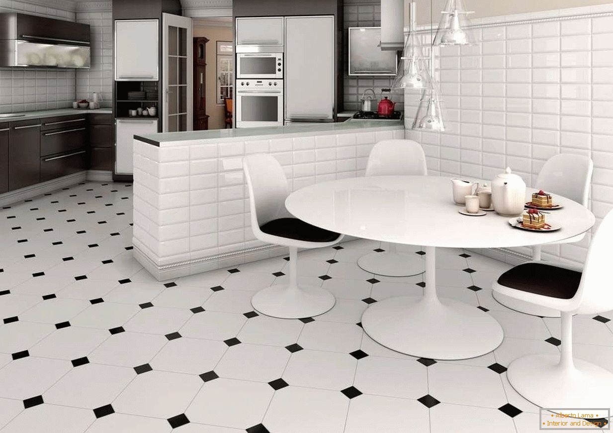 White and black tiles on the kitchen floor