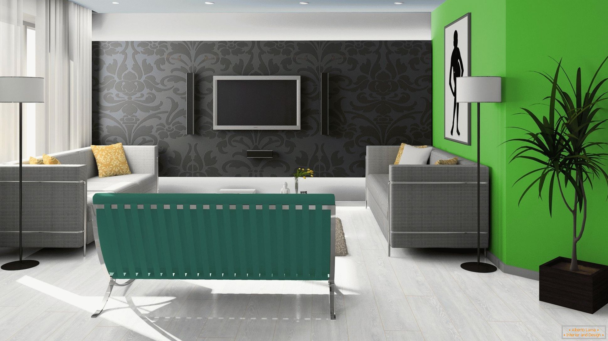Black, green and white in the design of the living room