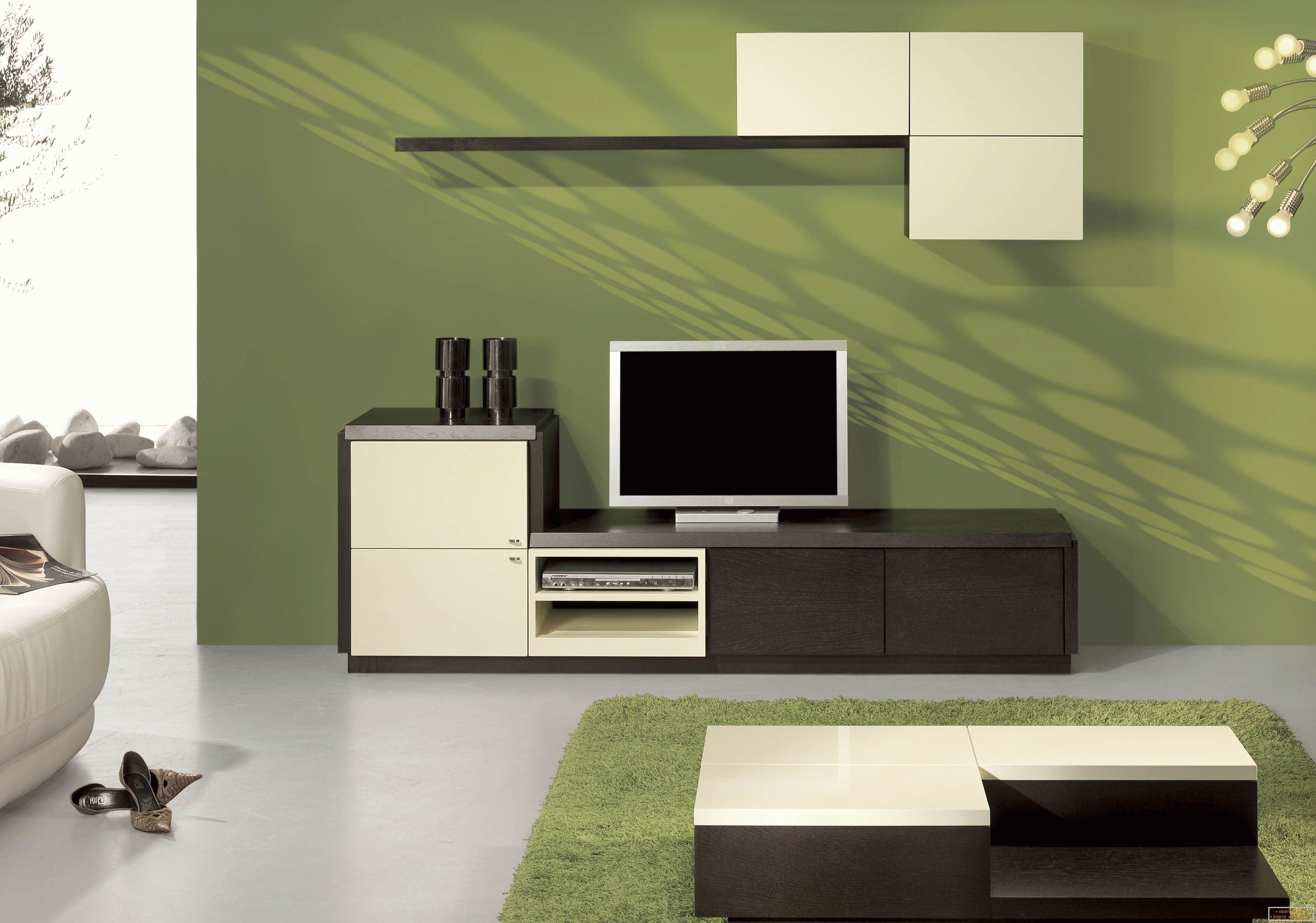 Olive, white and chocolate in the design of the living room