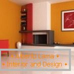 The combination of orange, red and white in the design of the living room