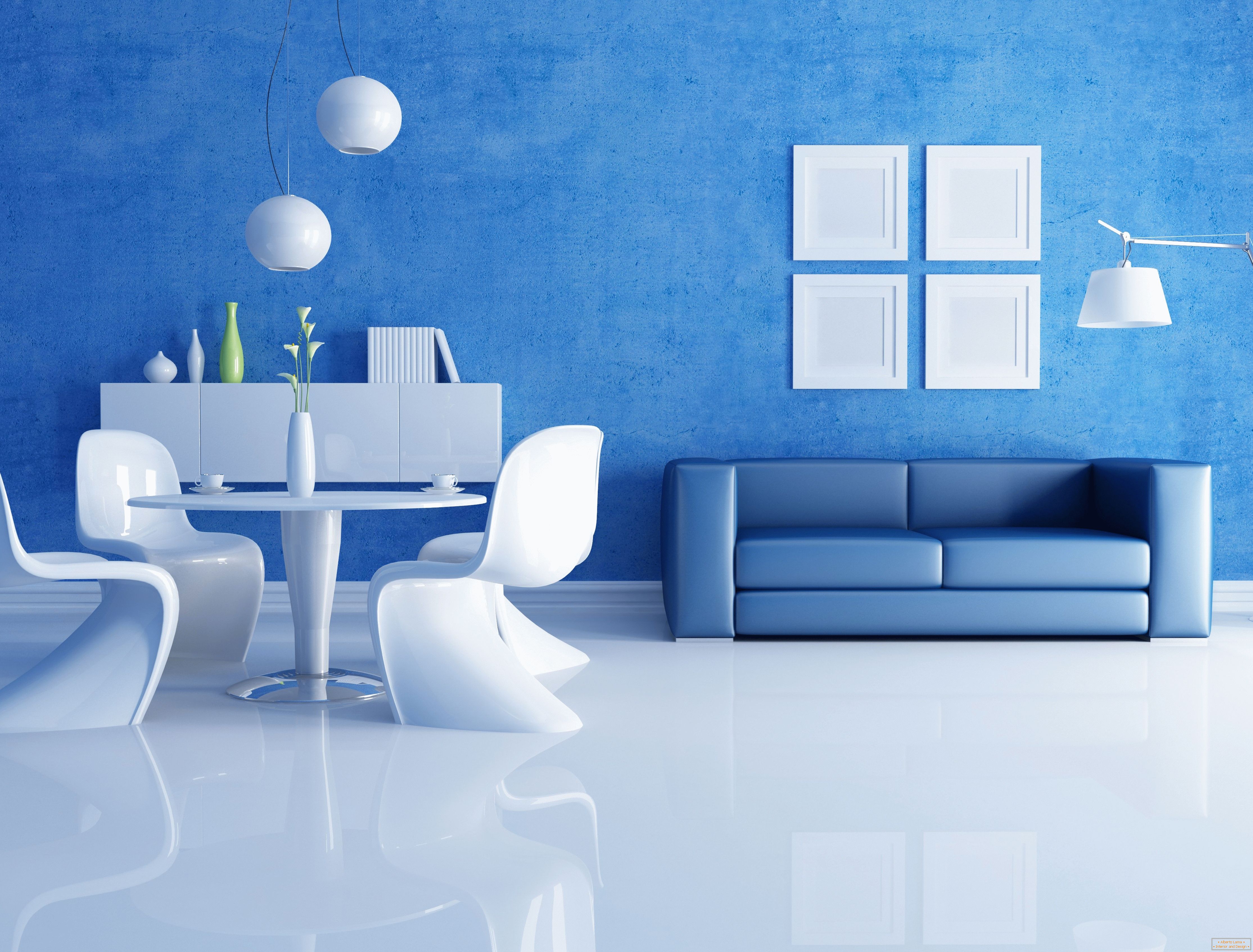 Blue wallpaper in the interior