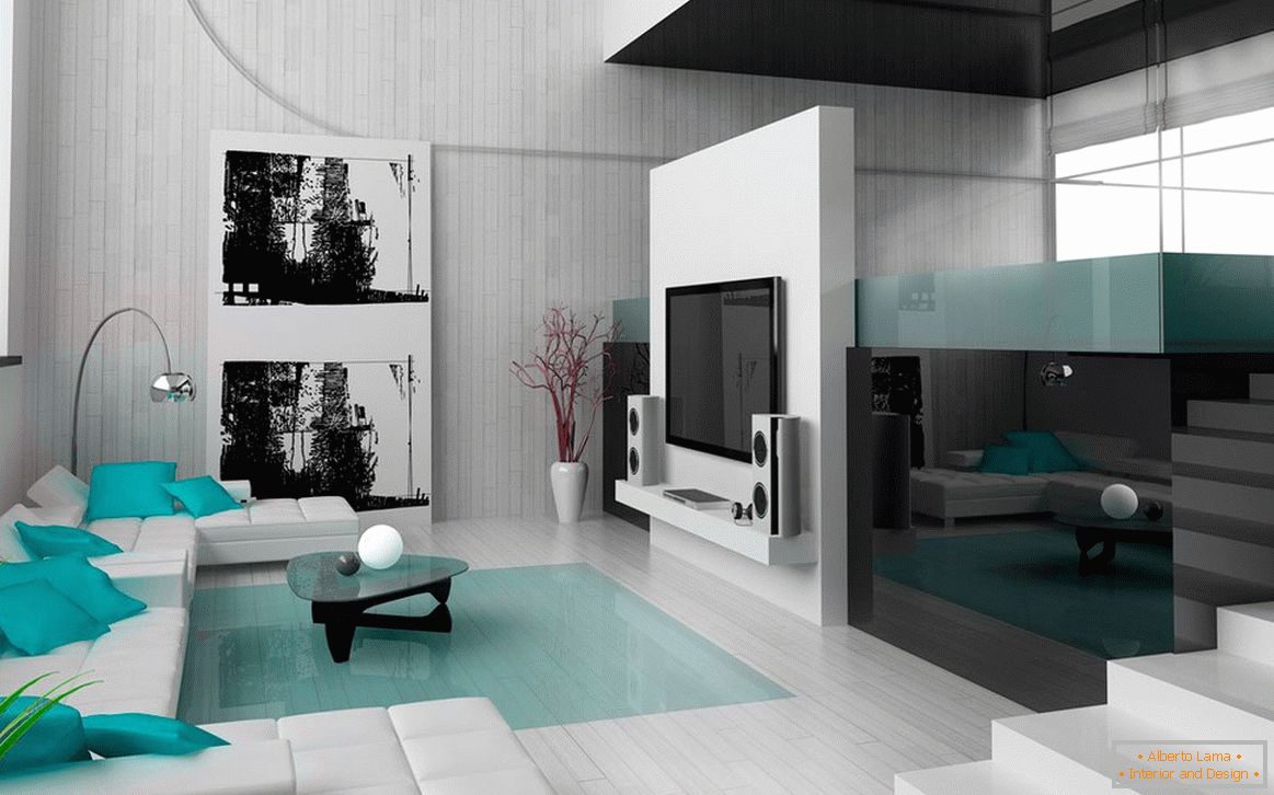 Living room in black and white colors with turquoise interior items