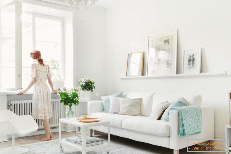 Interior of a small one-room apartment in white color