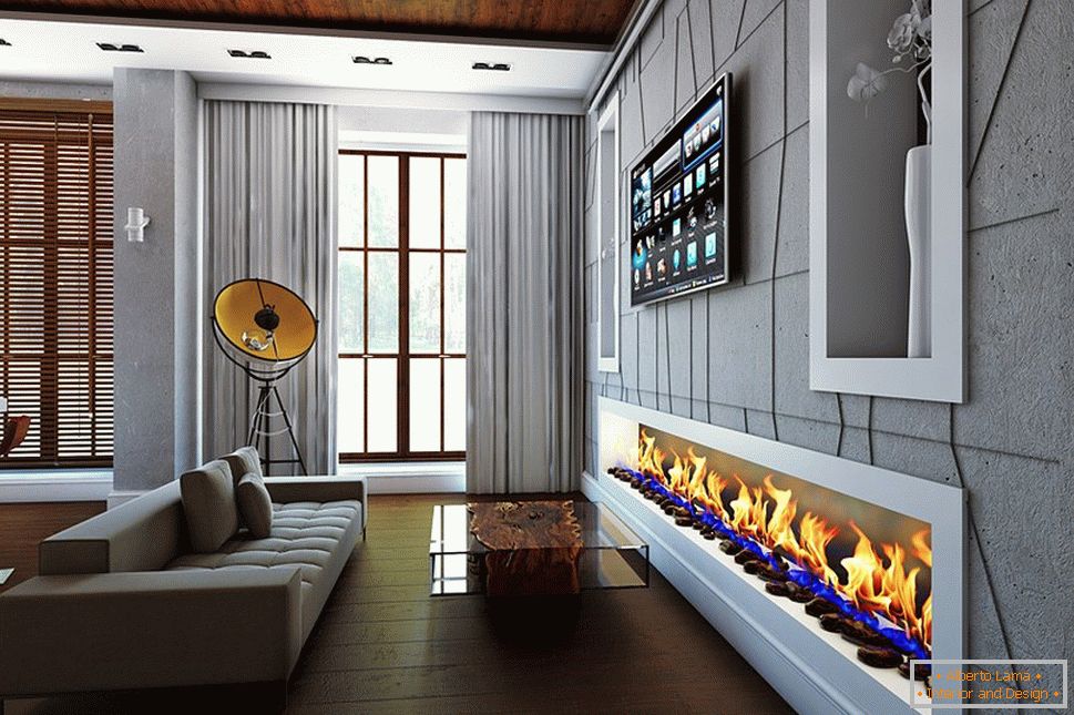 Modern interior with a bio fireplace