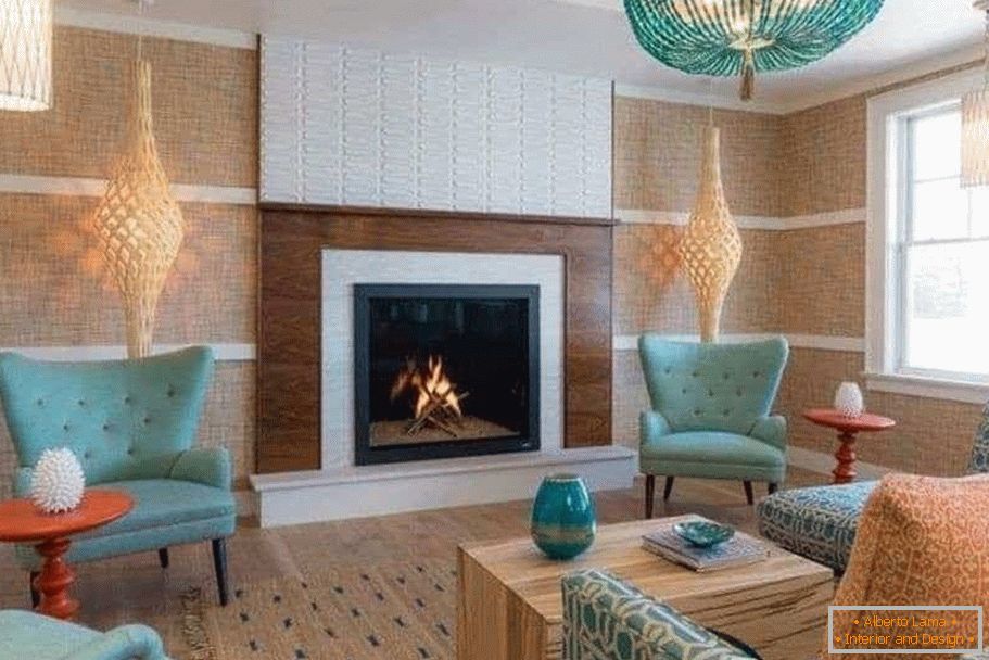 Chandelier and soft furniture in turquoise color