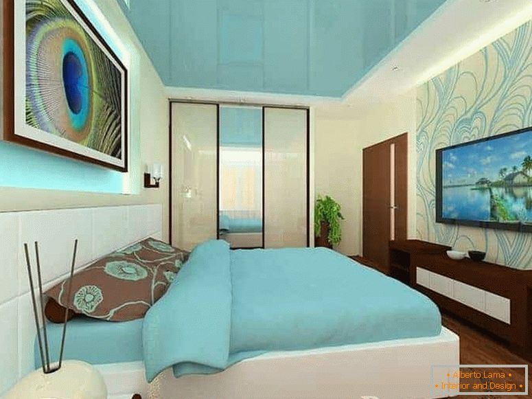 Extruded bedroom with glossy turquoise ceiling