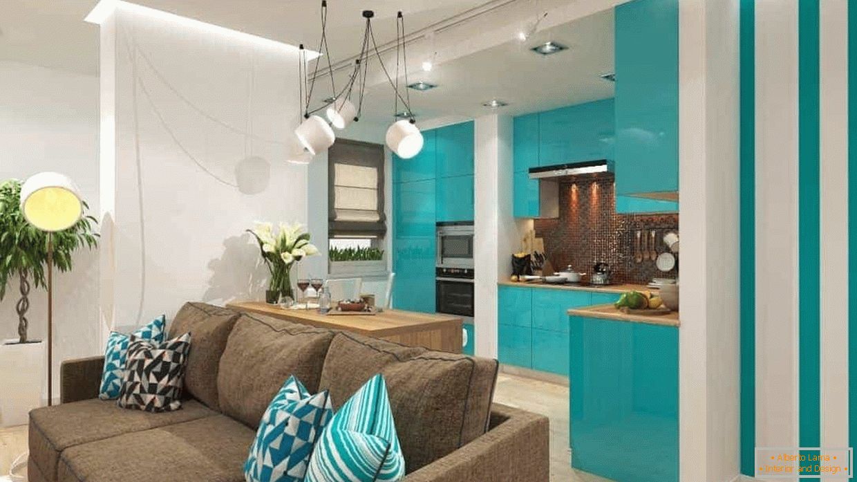 Turquoise color in studio apartment