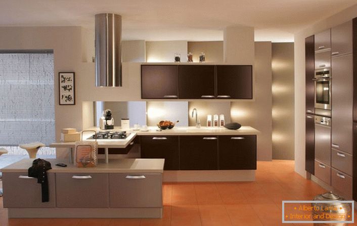 Kitchen in high-tech style with good lighting.