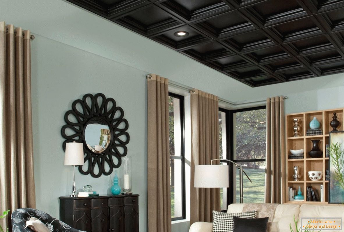Wooden black ceiling in the living room