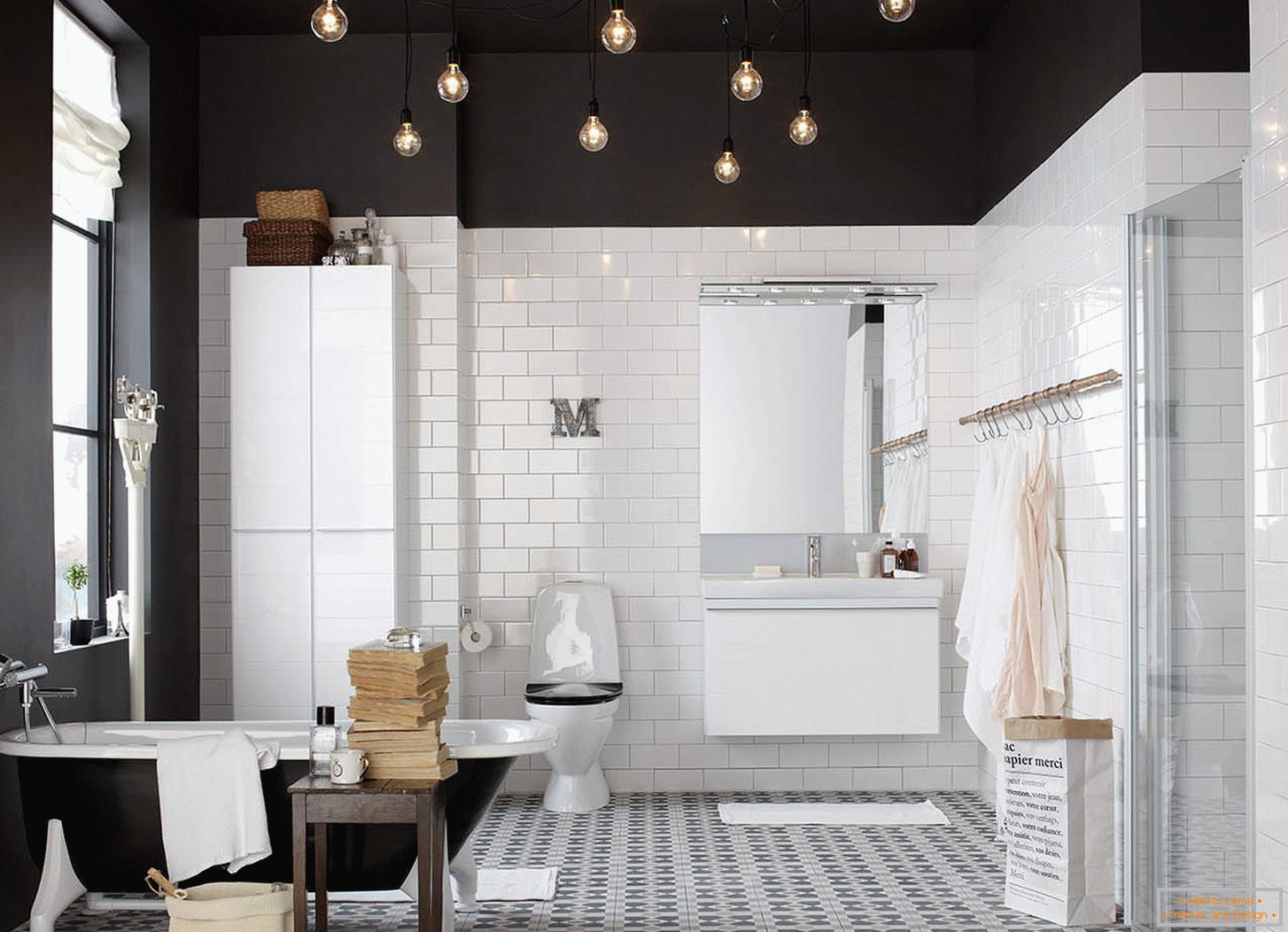 Black ceiling with lighting in the bathroom