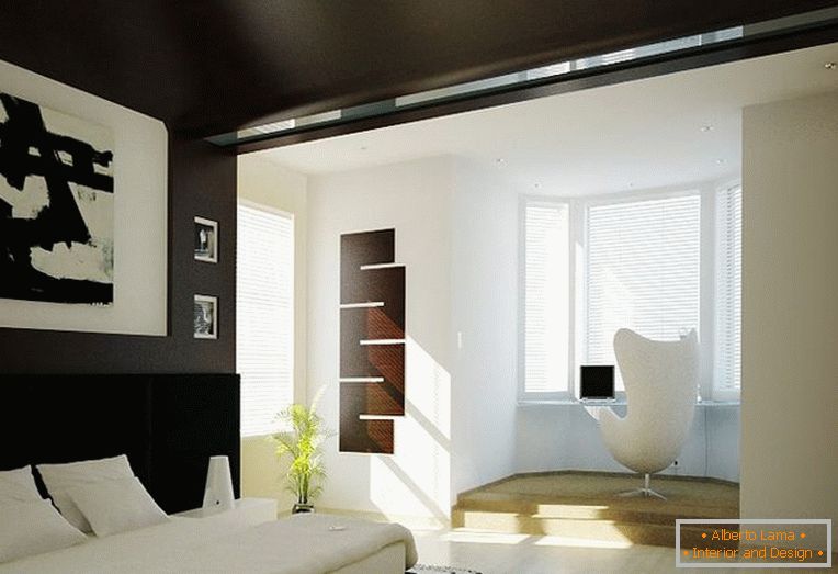 A cozy bedroom with a black ceiling and walls