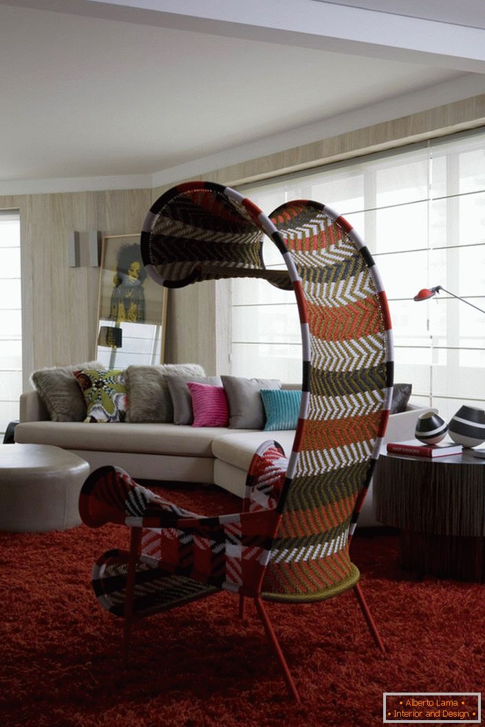 Designer model of furniture for the living room in eco-style - armchair in textile with canopy.